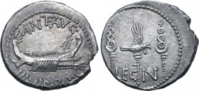 Marc Antony Legionary AR Denarius. Military mint moving with Antony, 32-31 BC. ANT•AVG III•VIR•R•P•C, praetorian galley to right / Aquila between two ...