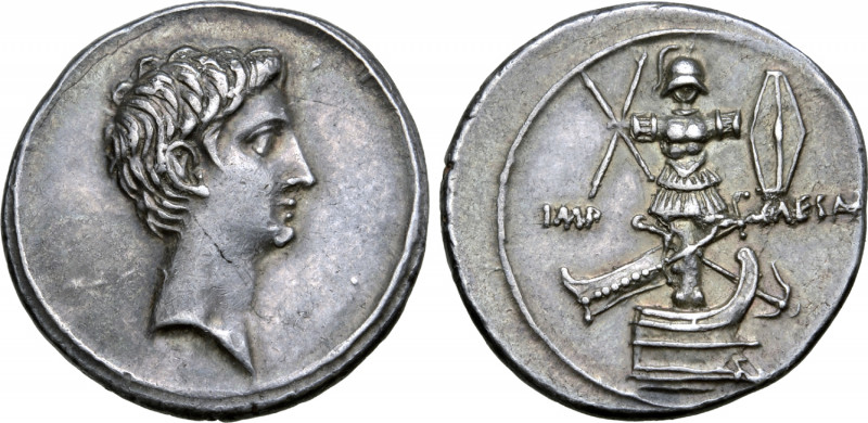 Octavian AR Denarius. Uncertain Italian mint (Brundisium or Rome?), 30-29 BC. Ba...