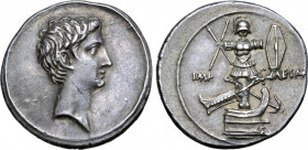 Octavian AR Denarius. Uncertain Italian mint (Brundisium or Rome?), 30-29 BC. Bare head to right / Military trophy facing, composed of helmet, cuirass...