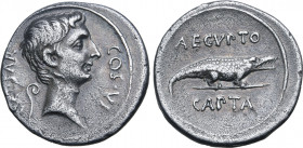 Octavian AR Denarius. Uncertain Italian mint (Rome?), 28 BC. CAESAR COS•VI, bare head to right; lituus behind / Crocodile standing to right; AEGYPTO a...