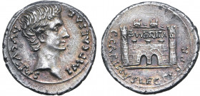 Augustus AR Denarius. Emerita, 25-23 BC. P. Carisius, legatus pro praetore. IMP CAESAR AVGVSTVS, bare head to right / P CARISIVS LEG PRO PR, circular ...