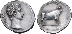 Augustus AR Denarius. Samos or Pergamum(?), 21-20 BC. CAESAR, bare head to right / AVGVSTVS, bull standing to right. RIC I 475 (Samos?); BMCRE 663 (un...