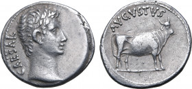 Augustus AR Denarius. Samos or Pergamum(?), 21-20 BC. CAESAR, bare head to right / AVGVSTVS, bull standing to right. RIC I 475 (Samos?); BMCRE 663 (un...