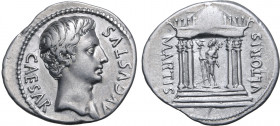 Augustus AR Denarius. Spanish mint (Colonia Caesaraugusta?), 19-18 BC. AVGVSTVS CAESAR, bare head to right / Domed tetrastyle temple housing helmeted ...