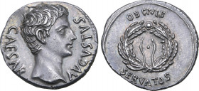 Augustus AR Denarius. Uncertain Spanish mint (Colonia Patricia?), 19 BC. CAESAR AVGVSTVS, bare head to right / Oak wreath; OB CIVIS above, SERVATOS be...