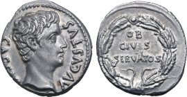 Augustus AR Denarius. Uncertain Spanish mint (Colonia Patricia?), 19 BC. CAESAR AVGVSTVS, bare head to right / OB CIVIS SERVATOS in three lines within...
