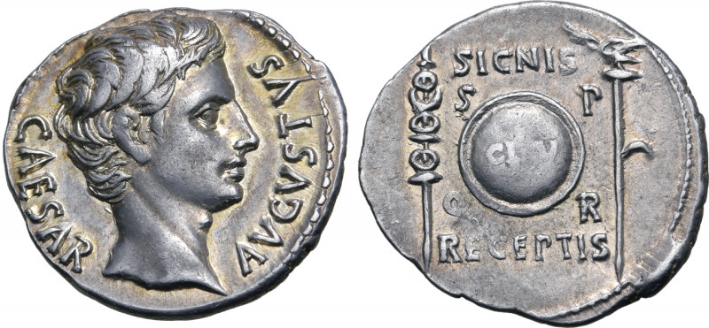 Augustus AR Denarius. Uncertain Spanish mint (Colonia Patricia?), 19 BC. CAESAR ...