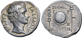 Augustus AR Denarius. Uncertain Spanish mint (Colonia Patricia?), 19 BC. CAESAR AVGVSTVS, bare head to right / Round shield inscribed CL•V, aquila and...