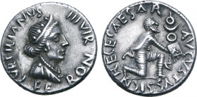 Augustus AR Denarius. Rome, 19-18 BC. P. Petronius Turpilianus, moneyer. TVRPILIANVS III VIR FERON, draped bust of Feronia to right, wearing stephane ...