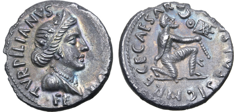 Augustus AR Denarius. Rome, 19-18 BC. P. Petronius Turpilianus, moneyer. TVRPILI...
