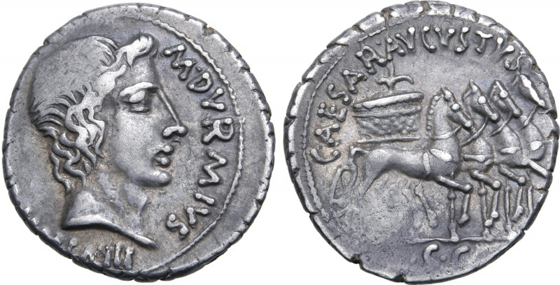 Augustus AR Denarius. Rome, 19-18 BC. M. Durmius, moneyer. M DVRMIVS III VIR HON...
