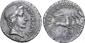 Augustus AR Denarius. Rome, 19-18 BC. M. Durmius, moneyer. M DVRMIVS III VIR HONORI, head of Honos to right / CAESAR AVGVSTVS, quadriga to right pulli...