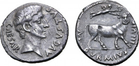 Augustus AR Denarius. Rome, 19 BC. M. Durmius, triumvir monetalis. CAESAR AVGVSTVS, bare head to right / M DVRMIVS III VIR, man-faced bull walking to ...