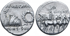 Augustus AR Denarius. Spanish mint (Colonia Patricia?), circa 18 BC. Aquila, toga picta over tunica palmata, and wreath; S•P•Q•R• PARE[NT] above, CONS...
