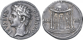 Augustus AR Denarius. Uncertain Spanish mint (Colonia Patricia?), 18 BC. CAESARI AVGVSTO, laureate head to left / Round domed hexastyle temple of Mars...