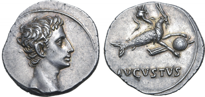 Augustus AR Denarius. Spanish mint (Colonia Patricia?), July 18-16 BC. Bare head...