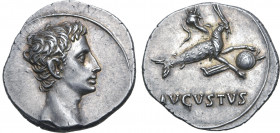 Augustus AR Denarius. Spanish mint (Colonia Patricia?), July 18-16 BC. Bare head to right / Capricorn to right, holding globe attached to rudder, corn...