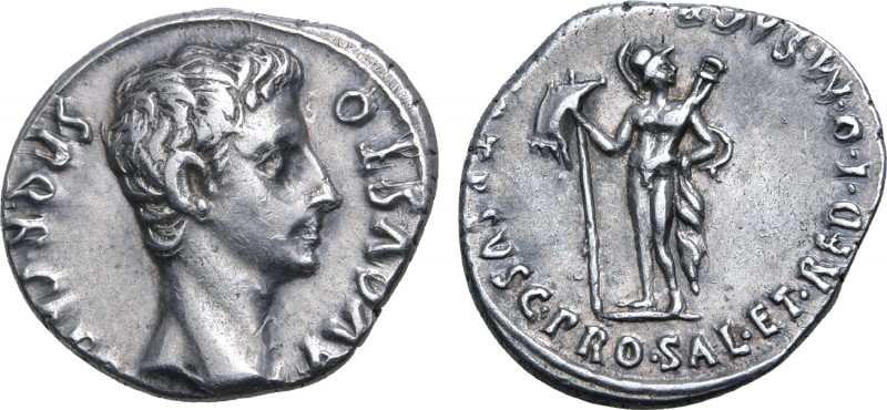 Augustus AR Denarius. Uncertain Spanish mint (Colonia Patricia?), July 18-16 BC....