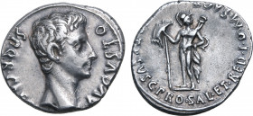 Augustus AR Denarius. Uncertain Spanish mint (Colonia Patricia?), July 18-16 BC. S P Q R CAE[SARI] AVGVSTO, bare head to right / [V]OT•P•SVSC•PRO•SAL•...