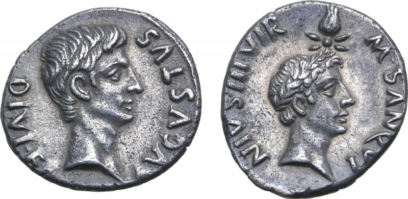 Augustus, with Divus Julius Caesar, AR Denarius. Rome, 17 BC. M. Sanquinius, mon...