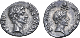 Augustus, with Divus Julius Caesar, AR Denarius. Rome, 17 BC. M. Sanquinius, moneyer. AVGVSTVS DIVI • F, bare head of Augustus to right / M • SANQVI N...