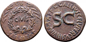 Augustus Æ Sestertius. Rome, 16 BC. C. Gallius Lupercus, triumvir monetalis. CIVIS within oak wreath flanked by laurel branches; OB above, SERVATOS be...