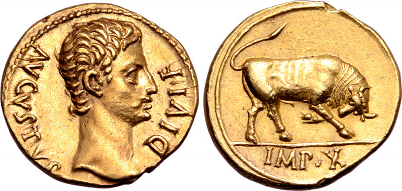 Augustus AV Aureus. Lugdunum, 15-12 BC. AVGVSTVS DIVI F, bare head to right / Bu...