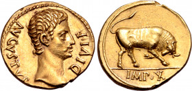 Augustus AV Aureus. Lugdunum, 15-12 BC. AVGVSTVS DIVI F, bare head to right / Bull butting to right, pawing ground and flicking tail; IMP•X in exergue...