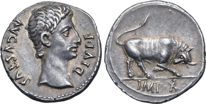 Augustus AR Denarius. Lugdunum, 15-13 BC. AVGVSTVS DIVI•F, bare head to right / ...
