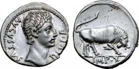 Augustus AR Denarius. Lugdunum, 15-13 BC. AVGVSTVS DIVI•F, bare head to right / Bull butting to right; IMP•X in exergue. RIC I 167a; BMCRE 451; Lyon 1...