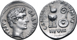 Augustus AR Denarius. Rome, 13 BC. C. Antistius Reginus, moneyer. CAESAR AVGVSTVS, bare head to right / C • ANTIS[TIVS] • REGINVS, simpulum and lituus...
