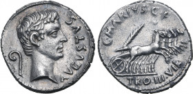 Augustus AR Denarius. Rome, 13 BC. C. Marius C.f. Tro(mentina tribu), moneyer. AVGVSTVS, bare head to right; lituus behind / C•MARIVS•C•F TRO•III•VIR,...