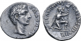 Augustus AR Denarius. Rome, 12 BC. L. Caninius Gallus, moneyer. AVGVSTVS, bare head to right / L•CANINIVS GALLVS•III•VIR, German kneeling to right, of...