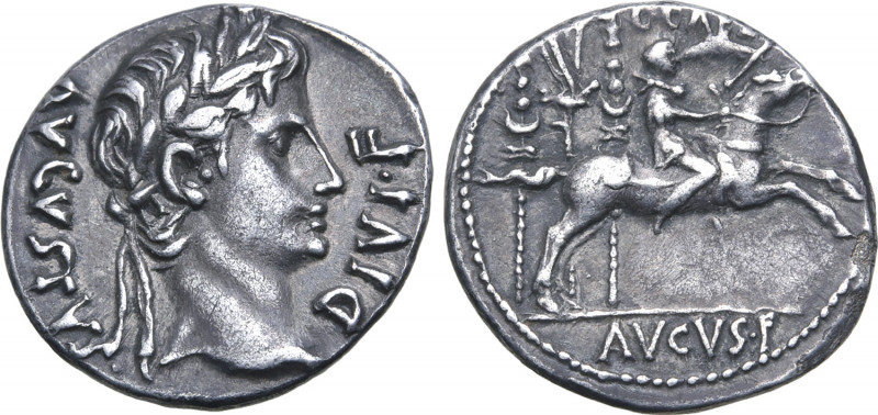 Augustus AR Denarius. Lugdunum, 8 BC. AVGVSTVS DIVI•F, laureate head to right / ...