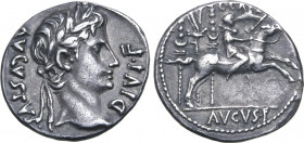 Augustus AR Denarius. Lugdunum, 8 BC. AVGVSTVS DIVI•F, laureate head to right / Caius Caesar on horseback, galloping to right, holding sword in left h...