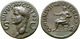 Divus Augustus Æ Dupondius. Rome, AD 37-41. DIVVS•AVGVSTVS, radiate head to left; large S-C across fields / CONSENSV • SENAT • ET • EQ • ORDIN • P • Q...