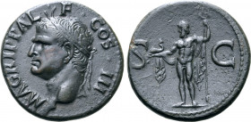 Agrippa (grandfather of Caligula) Æ As. Rome, AD 37-41. M•AGRIPPA•L•F•COS•III, head to left, wearing rostral crown / Neptune standing to left, holding...