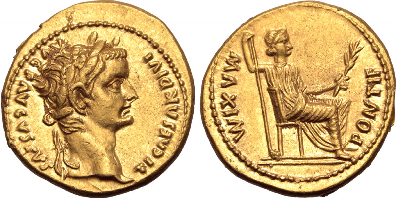 Tiberius AV Aureus. Lugdunum, AD 14-37. TI CAESAR DIVI AVG F AVGVSTVS, laureate ...