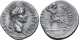Tiberius AR Denarius. Rome, AD 36-37. TI CAESAR DIVI AVG F AVGVSTVS, laureate head to right / PONTIF MAXIM, Livia, as Pax, seated to right on throne w...