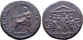 Caligula Æ Sestertius. Rome, AD 37-38. C•CAESAR•AVG•GERMANICVS•P•M TR•POT, Pietas seated to left, holding patera and resting arm on small draped stand...