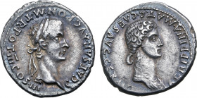 Caligula, with Agrippina I (mother of Caligula), AR Denarius. Rome, AD 40. C CAESAR AVG PON M TR POT III COS III, laureate head of Caligula to right /...