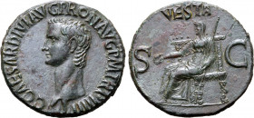 Caligula Æ As. Rome, AD 40-41. C CAESAR DIVI AVG PRON AVG P M TR P IIII P P, bare head to left / Vesta, veiled and draped, seated to left on ornamenta...