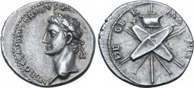 Nero Claudius Drusus (father of Claudius) AR Denarius. Rome, AD 41-45. NERO CLAVDIVS DRVSVS GE[RMANICVS IMP], laureate head to left / DE GERMANIS, two...