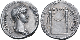 Antonia Minor (mother of Claudius) AR Denarius. Rome, AD 41-45. ANTONIA AVGVSTA, draped bust to right, wearing crown of corn-ears, hair in long plait ...