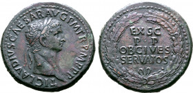 Claudius Æ Sestertius. Rome, AD 41-50. TI CLAVDIVS CAESAR AVG P M TR P IMP P P, laureate head to right / EX S C P P OB CIVES SERVATOS in four lines wi...