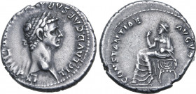 Claudius AR Denarius. Rome, AD 46-47. TI CLAVD CAESAR AVG P M TR P VI IMP XI, laureate head to right / CONSTANTIAE AVGVSTI, Antonia seated to left on ...