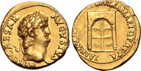 Nero AV Aureus. Rome, AD 64-66. NERO CAESAR AVGVSTVS, laureate head to right / IANVM CLVSIT [PAC]E P R TERRA MARIQ PARTA, closed doors of the temple o...