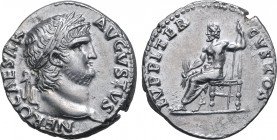 Nero AR Denarius. Rome, AD 64-65. NERO CAESAR AVGVSTVS, laureate head to right / IVPPITER CVSTOS, Jupiter enthroned to left, holding thunderbolt and l...