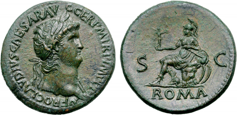 Nero Æ Sestertius. Rome, AD 65. NERO CLAVDIVS CAESAR AVG GER P M TR P IMP P P, l...