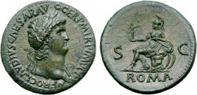 Nero Æ Sestertius. Rome, AD 65. NERO CLAVDIVS CAESAR AVG GER P M TR P IMP P P, laureate bust to right, slight drapery on far shoulder / Roma, helmeted...